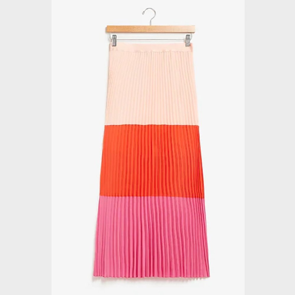 High Waisted Pleated Color Block Midi Skirt